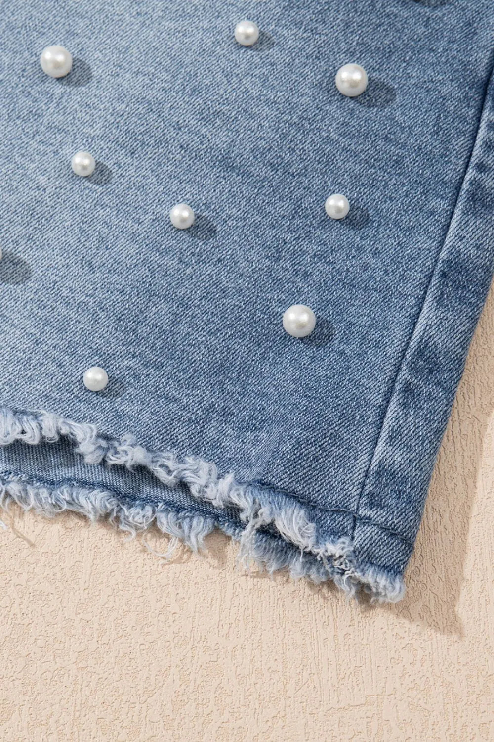 Pearl Beaded Raw Hem Wash Denim Shorts - -