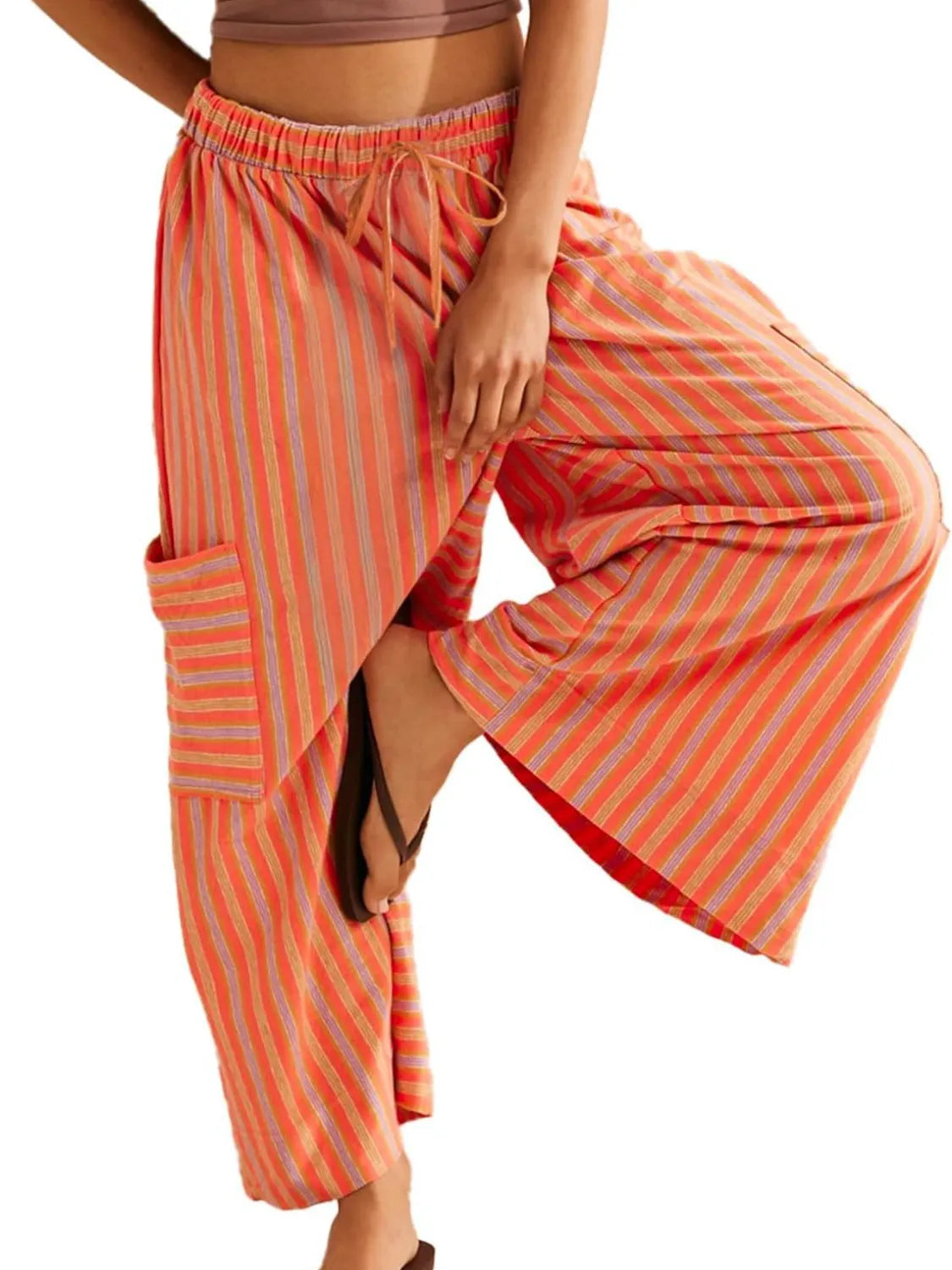 Contrast Striped Wide leg Pants - -