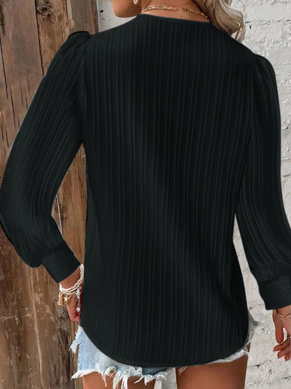 Textured V-Neck Long Sleeve Blouse