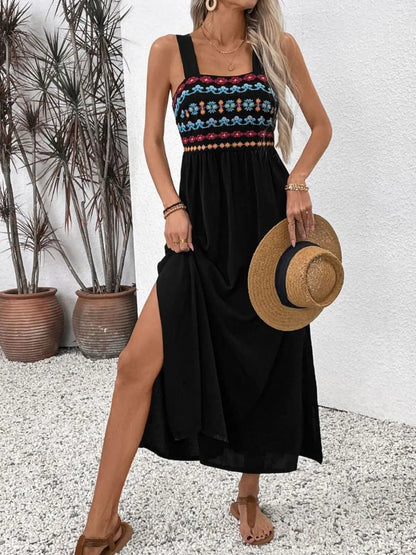 Perfee Embroidered Floral Side Slit Sleeveless Midi Dress - -