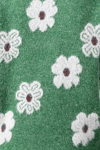 Flower Half Zip Long Sleeve Sweater - -