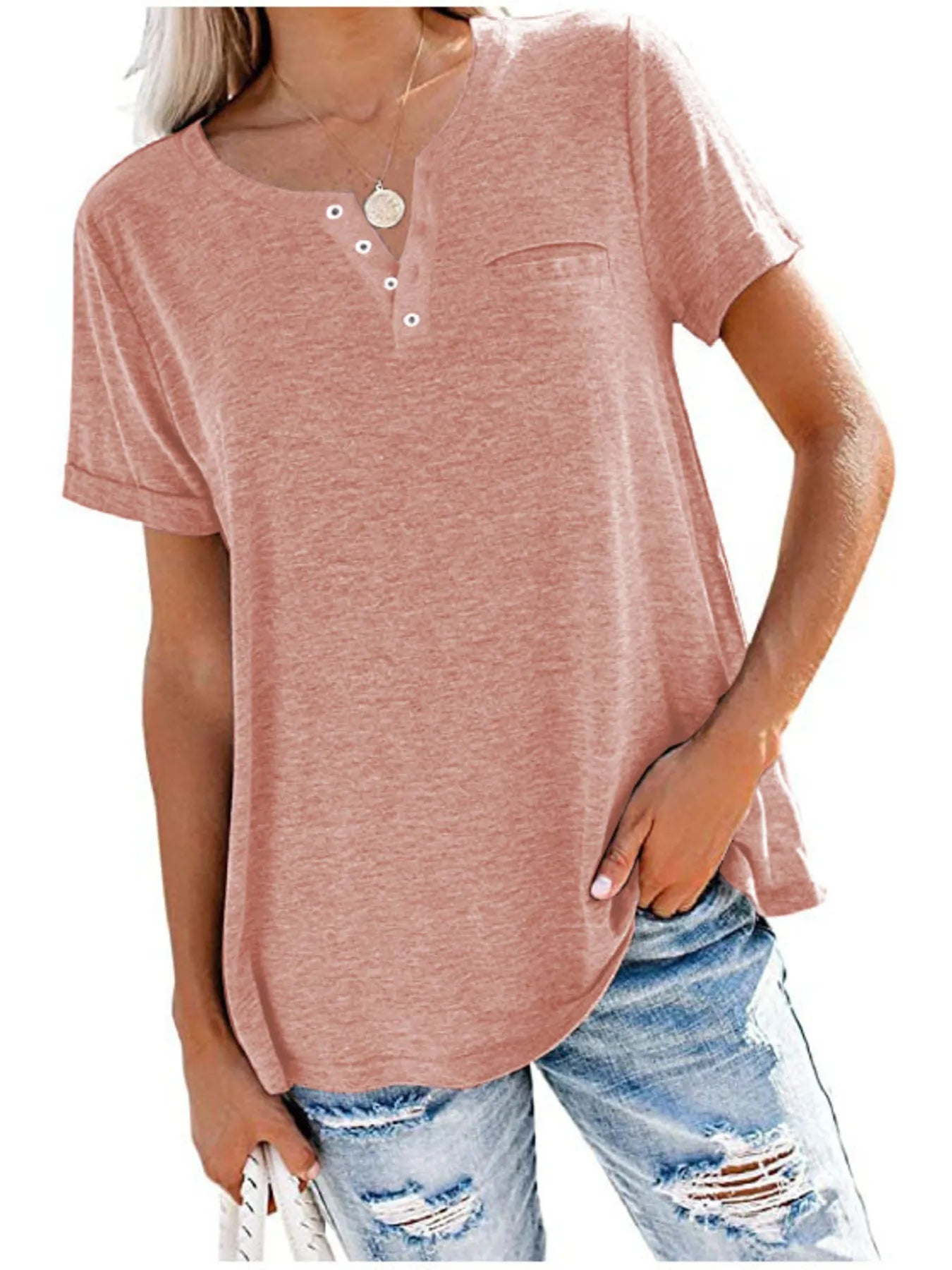 Full Size Notched Short Sleeve T-Shirt Plus Size - Pink -