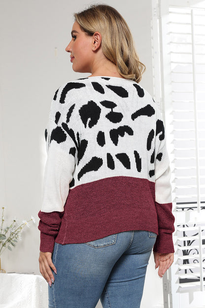 Plus Size Leopard Round Neck Long Sleeve Sweater - -