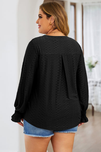 Plus Size Eyelet Notched Flounce Sleeve Blouse - -