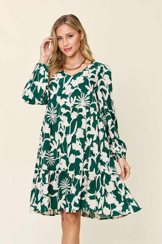 Double Take Full Size Printed Ruffle Hem Dress with Pocket - Dark Green -