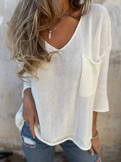 Full Size Casual V-Neck Knit Sweater Plus Size - -