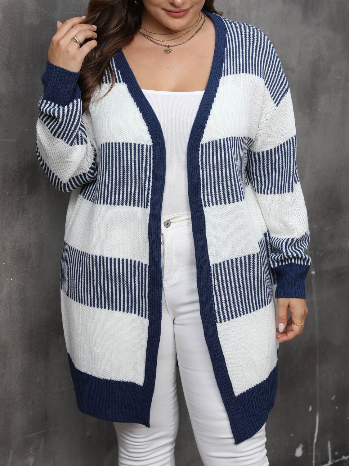Plus Size Open Front Long Sleeve Cardigan - Dark Navy -