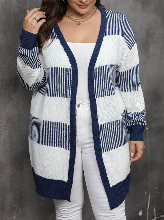 Plus Size Open Front Long Sleeve Cardigan - Dark Navy -