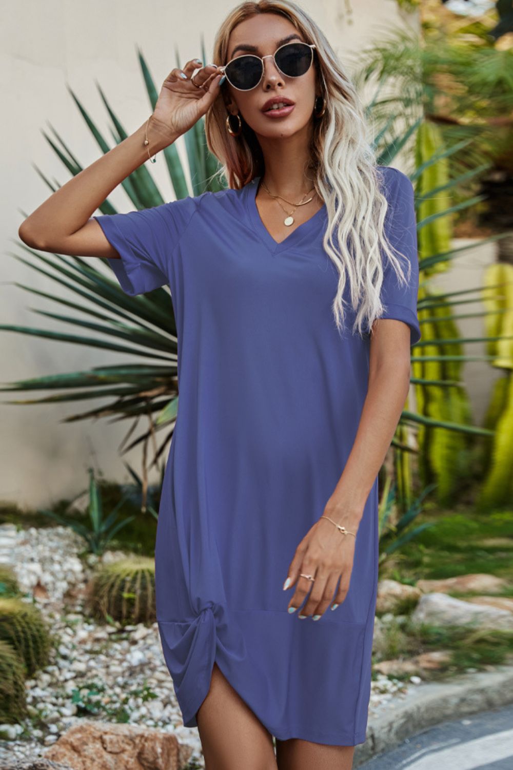 Shiny Twisted V-Neck Short Sleeve Dress - Light Indigo -