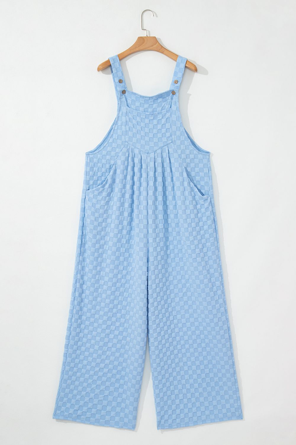 Checkered Pocketed Wide Leg Overalls - -