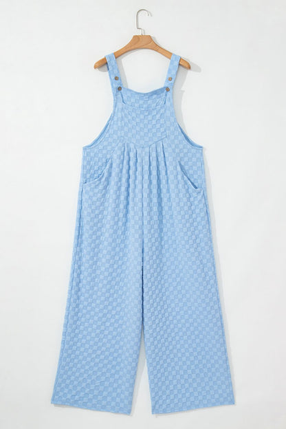 Checkered Pocketed Wide Leg Overalls - -