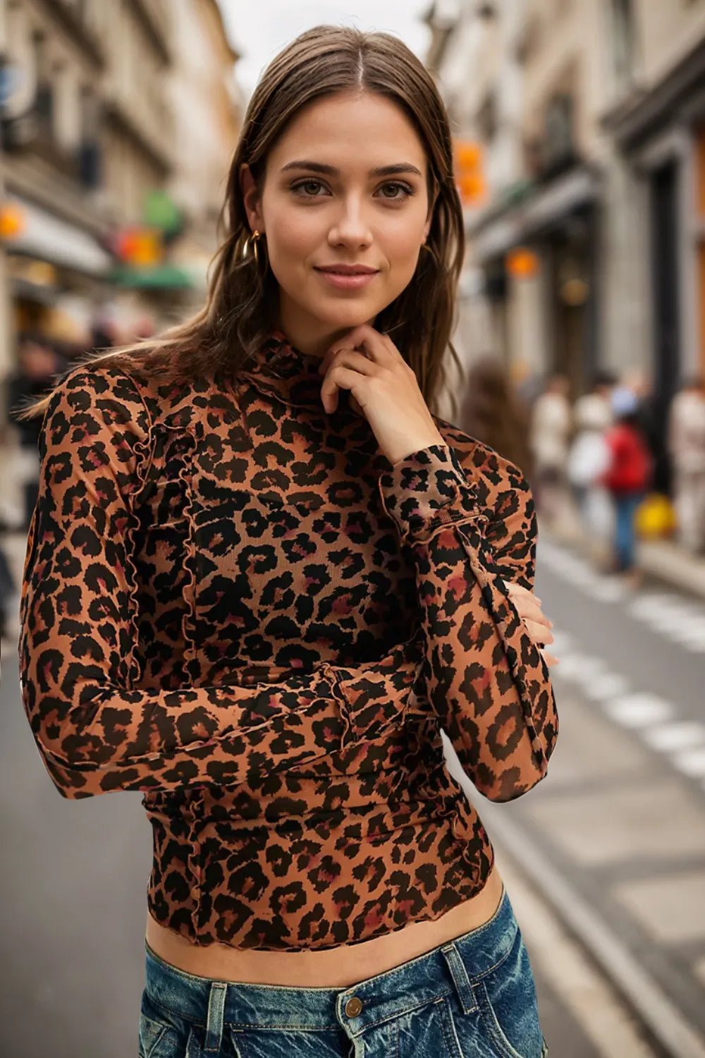 Oh Full Size Frill Printed Mock Neck Long Sleeve Top - Leopard -