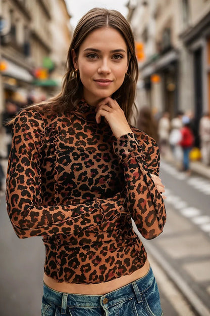 Oh Full Size Frill Printed Mock Neck Long Sleeve Top - Leopard -