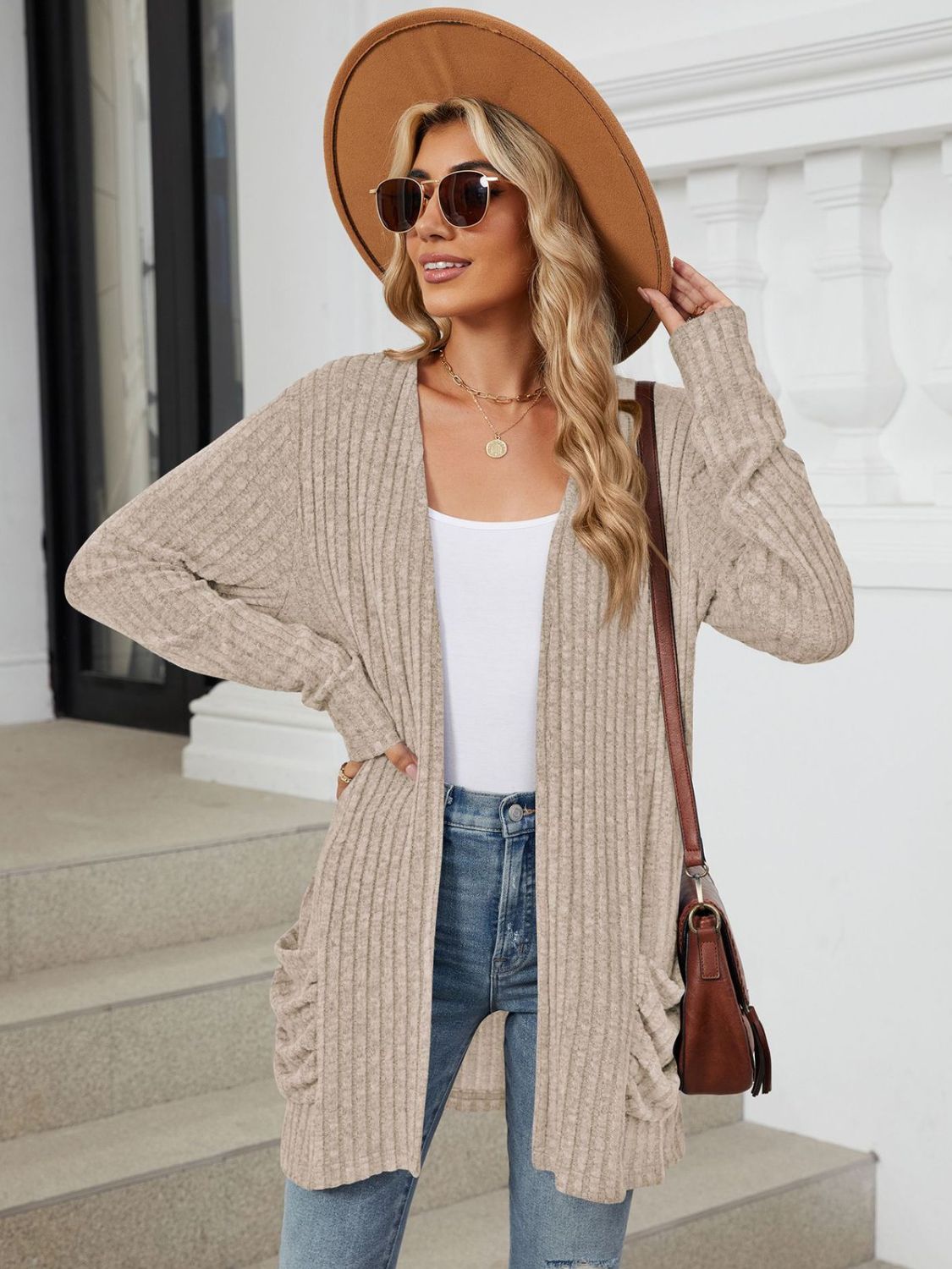 Pocketed Open Front Long Sleeve Cardigan - Khaki -