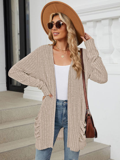 Pocketed Open Front Long Sleeve Cardigan - Khaki -