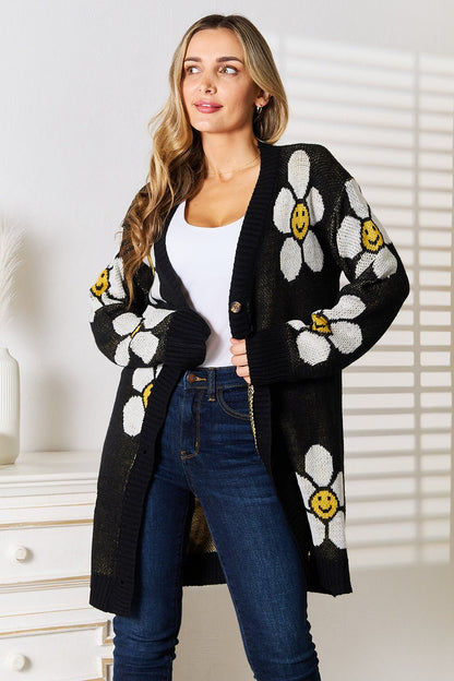 Perfee Floral Button Down Longline Cardigan - Black -