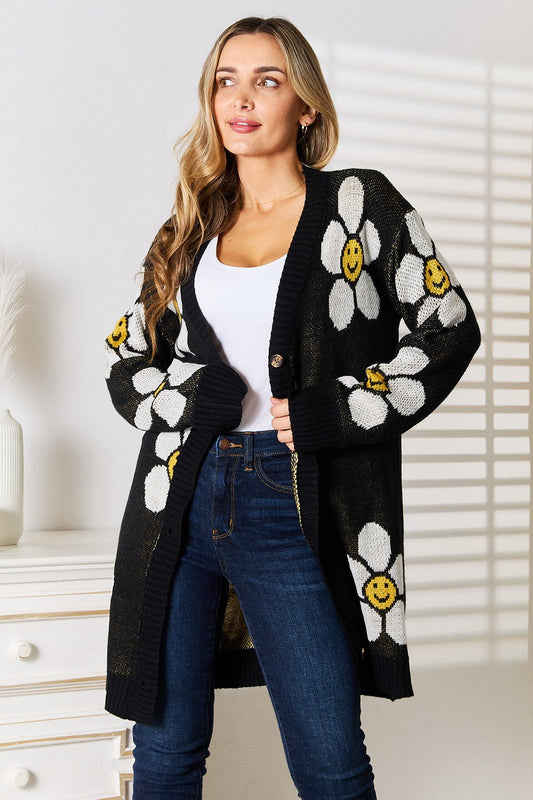 Perfee Floral Button Down Longline Cardigan - Black -