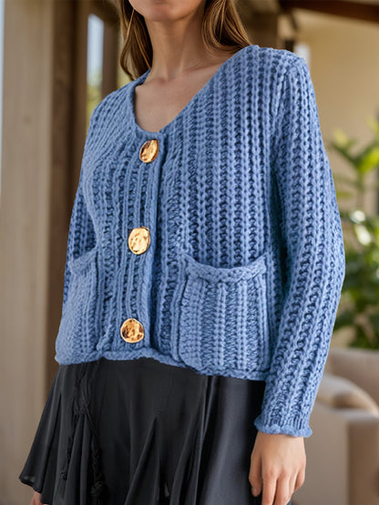 Chunky Knit Button-Down Cardigan – Gold Accent & Soft Texture - Light Blue -