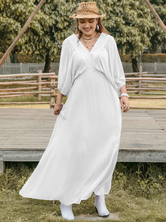 Plus Size Swiss Dot V-Neck Three-Quarter Sleeve Dress - White -