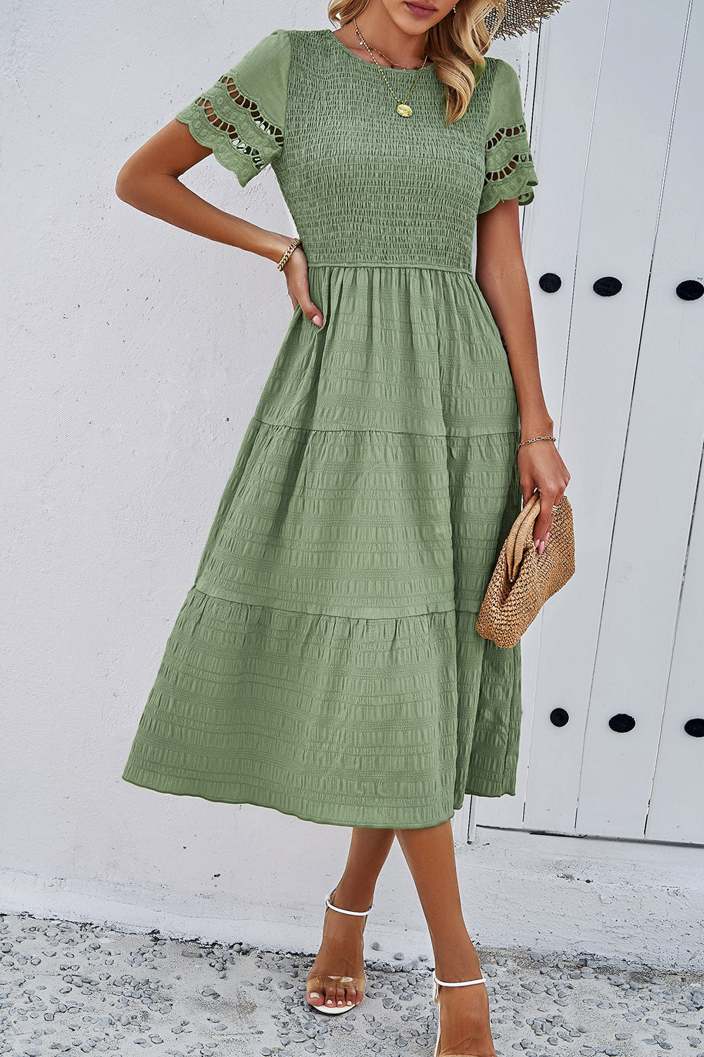 Devine Smocked Round Neck Short Sleeve Midi Dress