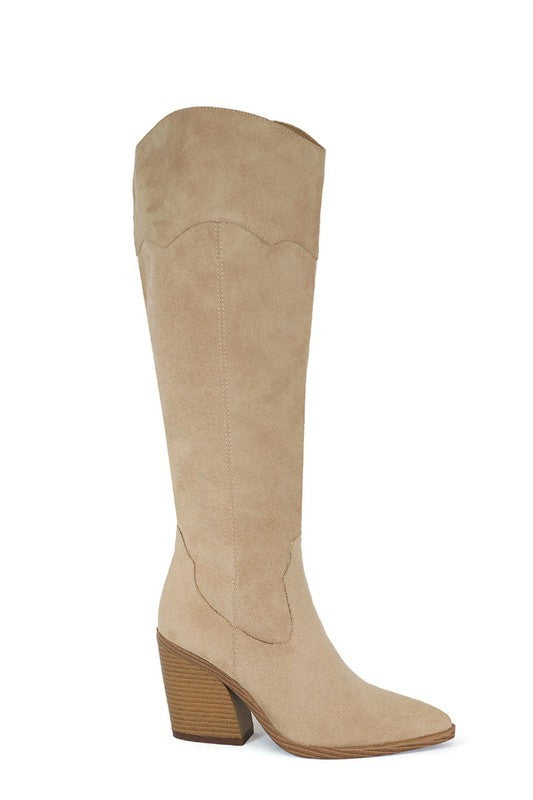 Beige knee-high boot with suede material and stacked block heel