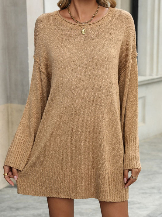 Round Neck Dropped Shoulder Sweater - Camel -