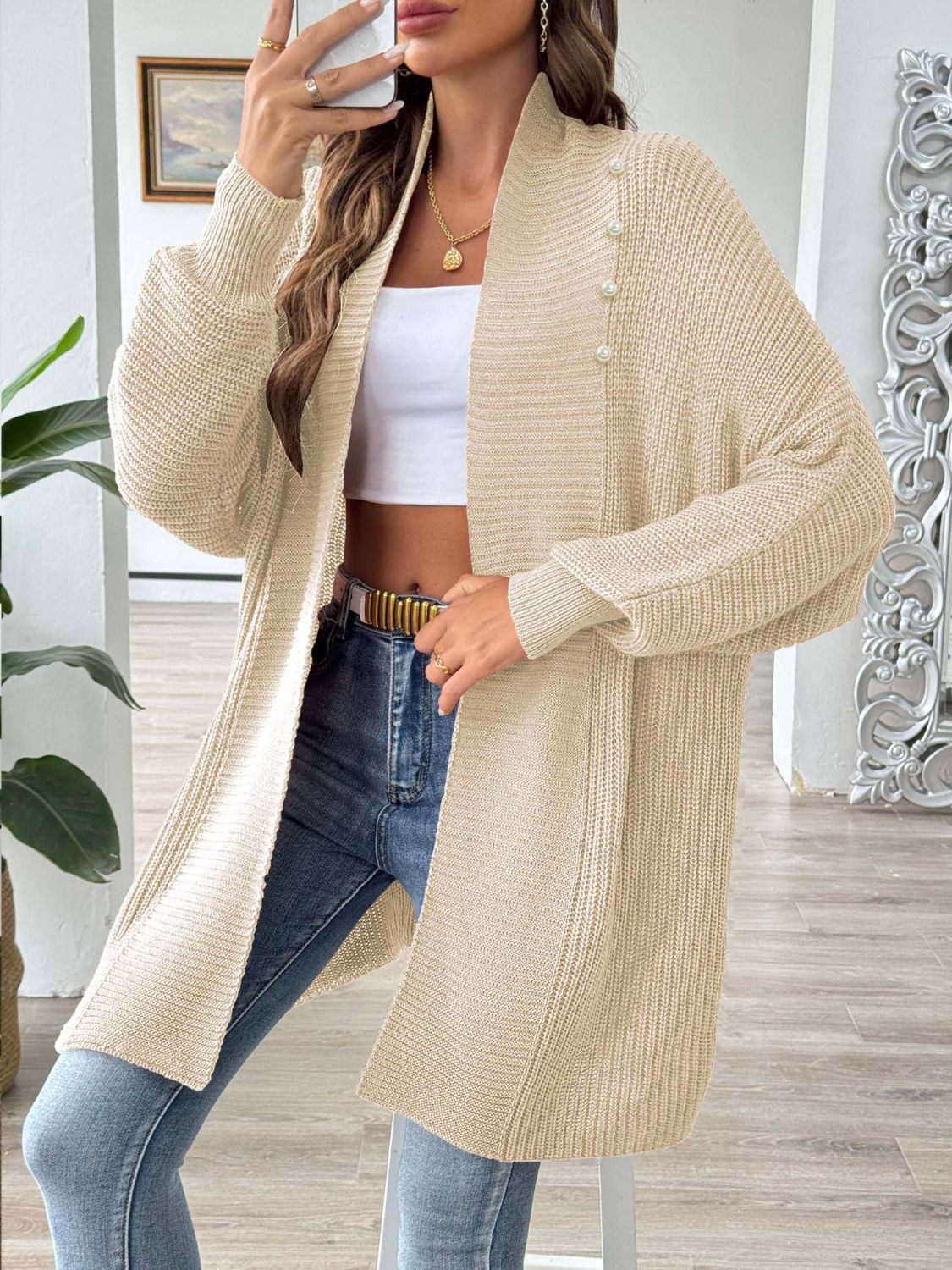 Open Front Long Sleeve Cardigan - -