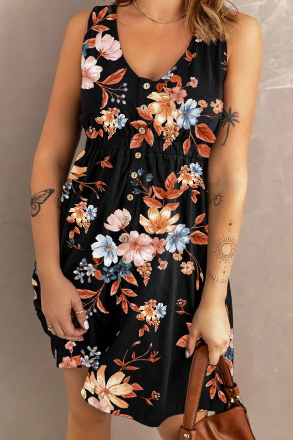 Double Take Printed Scoop Neck Sleeveless Buttoned Magic Dress with Pockets - -