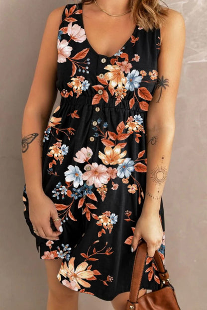 Double Take Printed Scoop Neck Sleeveless Buttoned Magic Dress with Pockets - -
