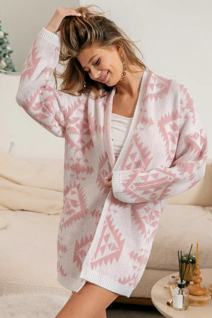 Pink Aztec Knit Cardigan – White and pink cardigan made of soft knit, featuring an oversized Aztec pattern.