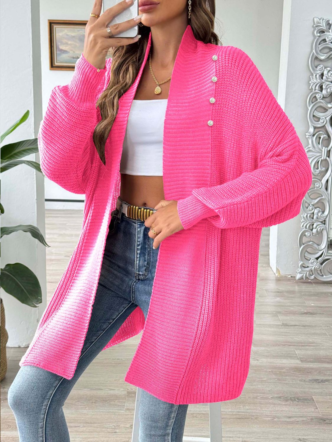 Open Front Long Sleeve Cardigan - -