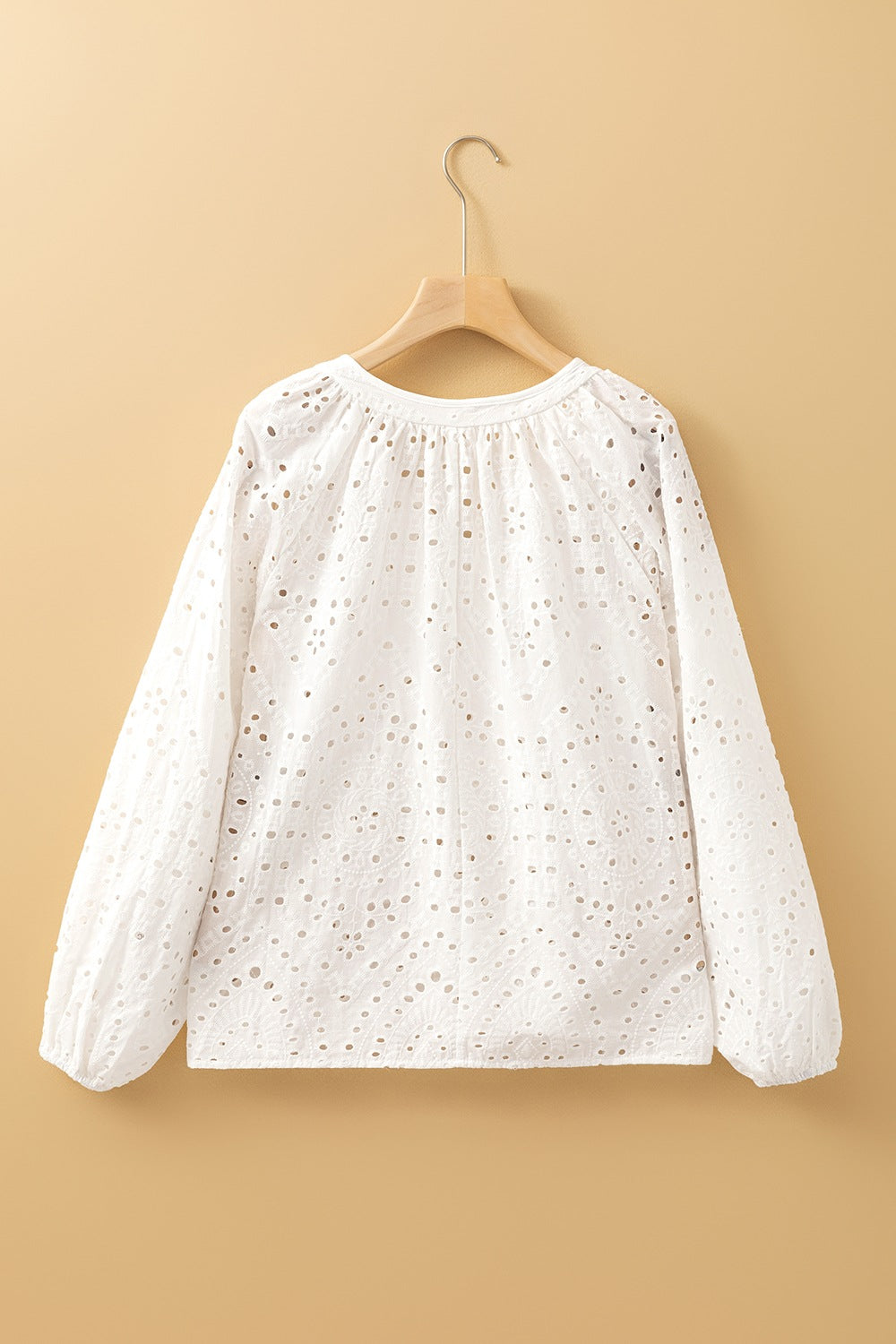 Eyelet V-Neck Long Sleeve Blouse - -