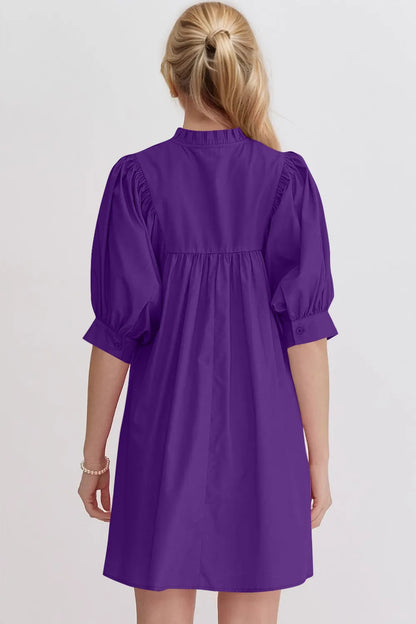 Oh Frill Notched Puff Sleeve Babydoll Mini Dress - -