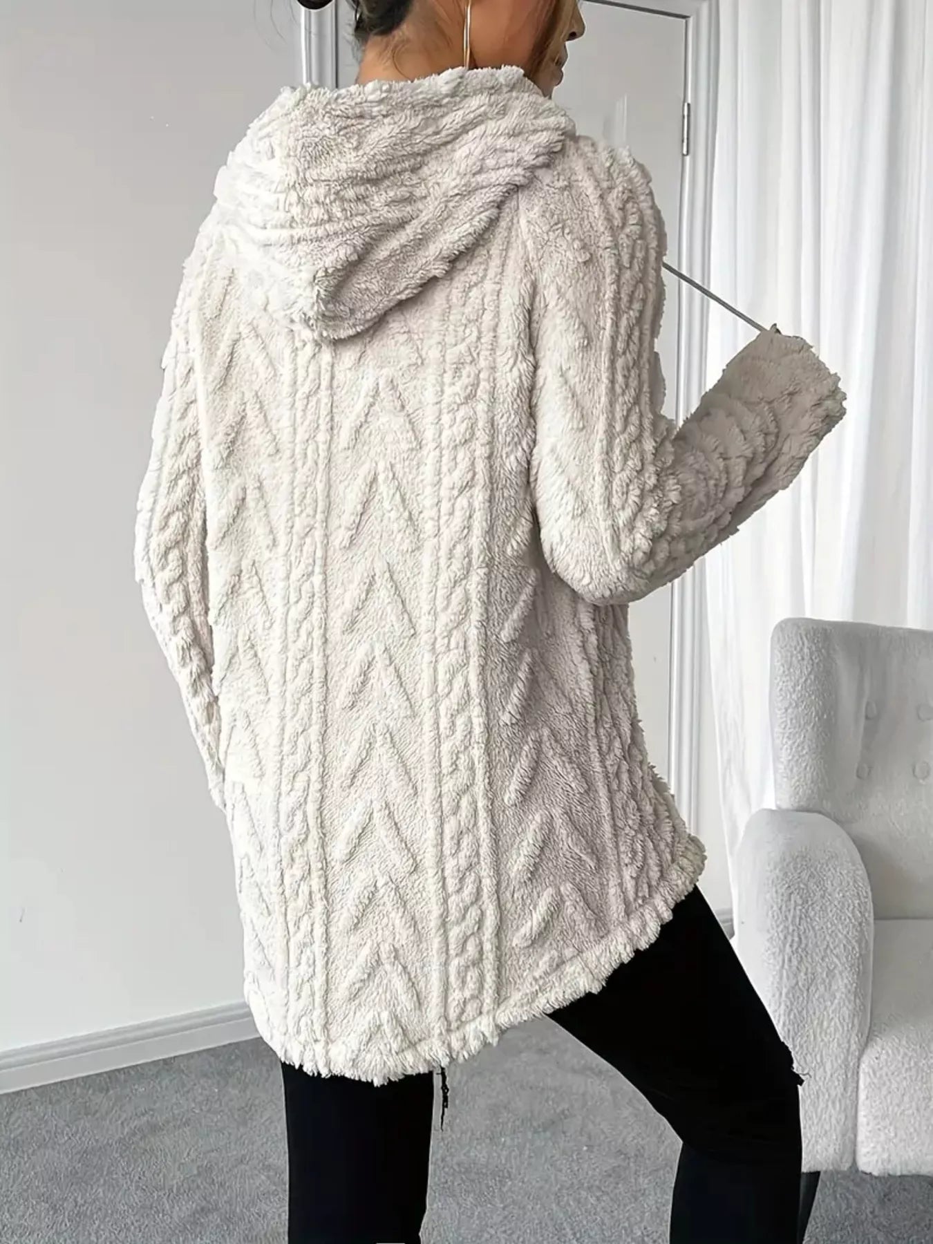 Ivory hooded sweater, long sleeve type, made from soft textured fleece material