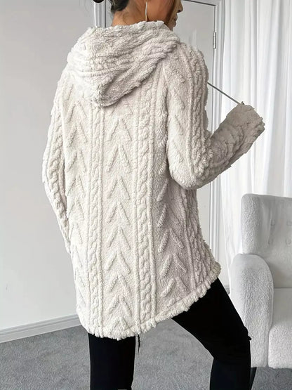 Ivory hooded sweater, long sleeve type, made from soft textured fleece material