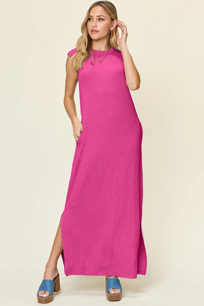 Double Take Full Size Texture Mock Neck Sleeveless Maxi Dress - -