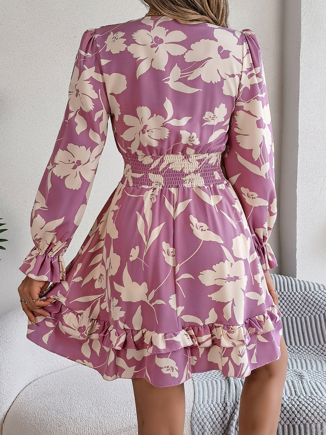 Tied Ruffled Printed Long Sleeve Dress - -