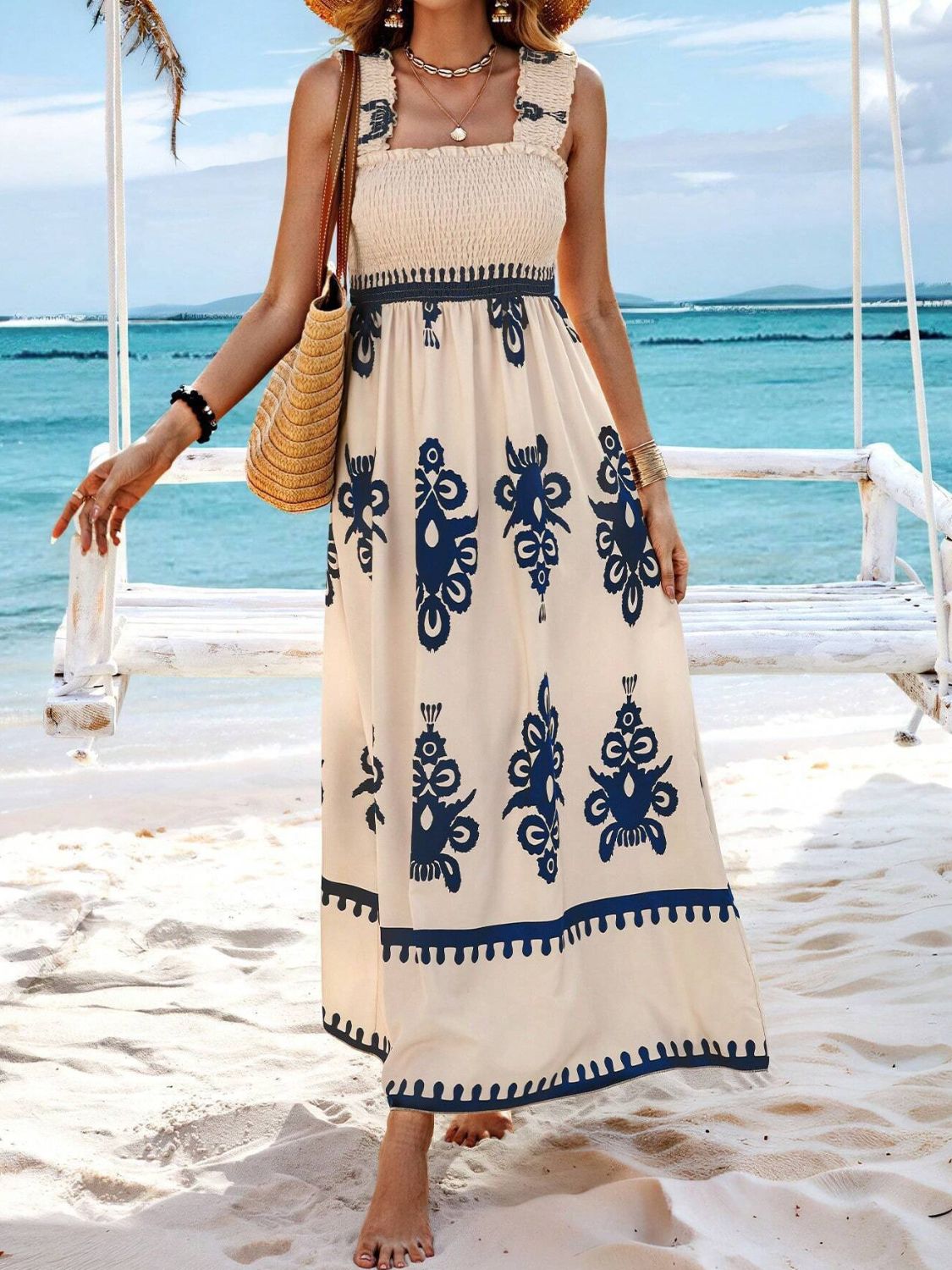 Smocked Printed Wide Strap Maxi Dress - -