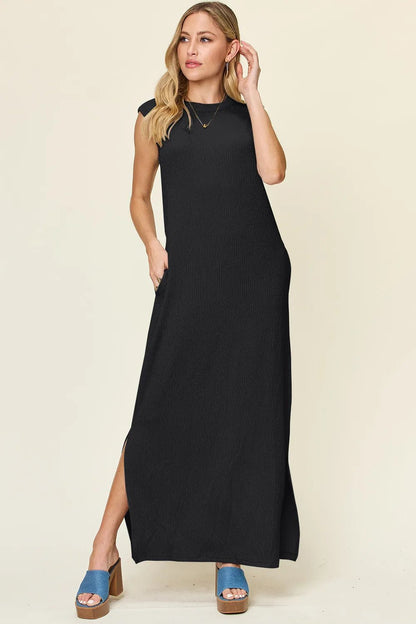 Double Take Full Size Texture Mock Neck Sleeveless Maxi Dress - -