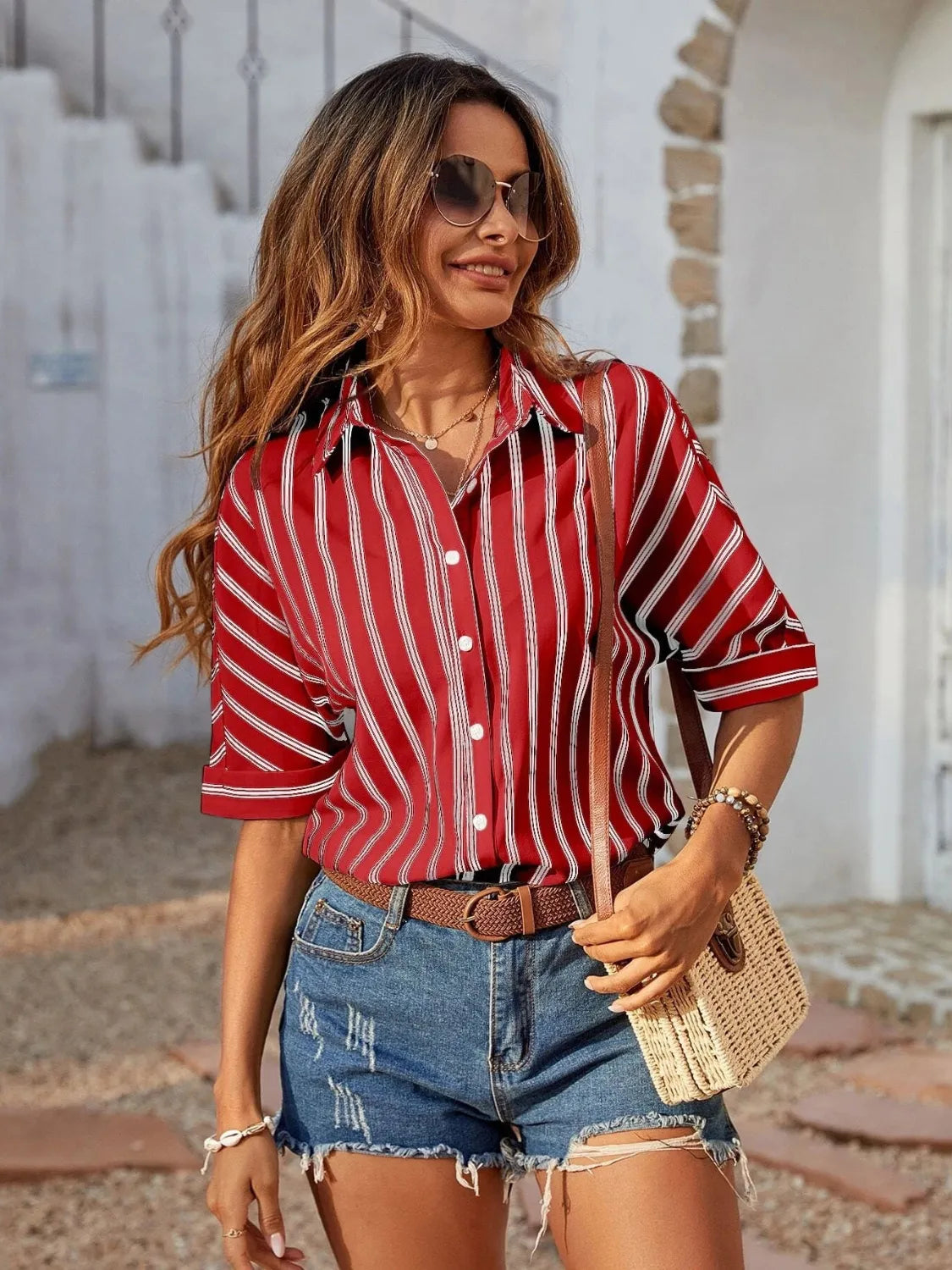 Striped Collared Neck Half Sleeve Shirt - Scarlet -