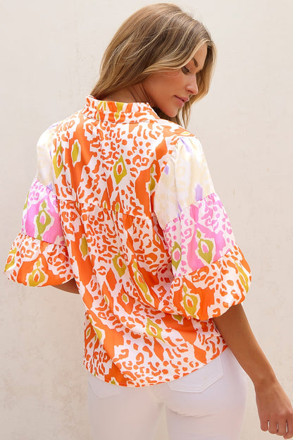 Printed Notched Half Sleeve Blouse - -