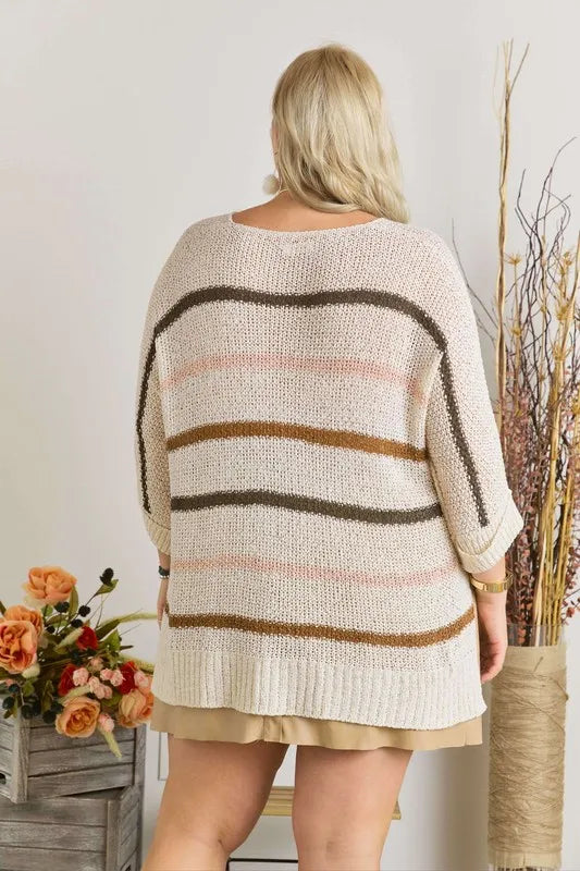 ADORA Full Size Multi Color Strip Sweater Plus Size - -