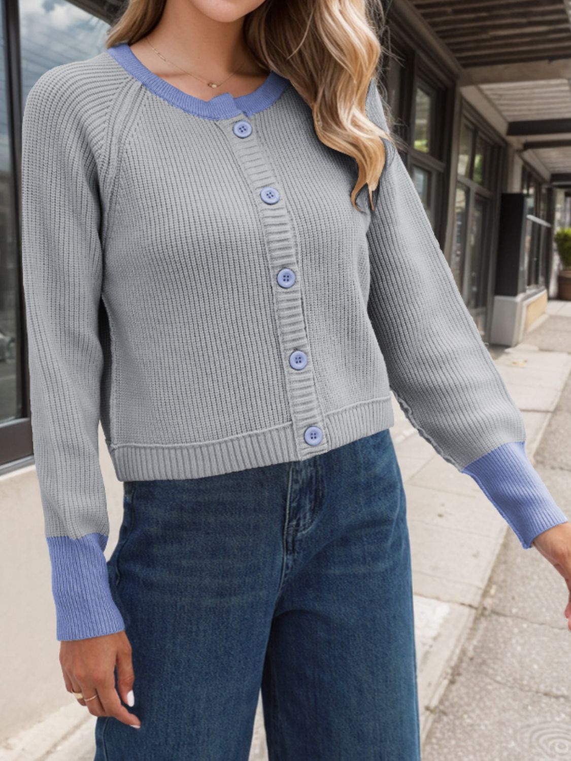 Contrast Button Up Long Sleeve Cardigan - -