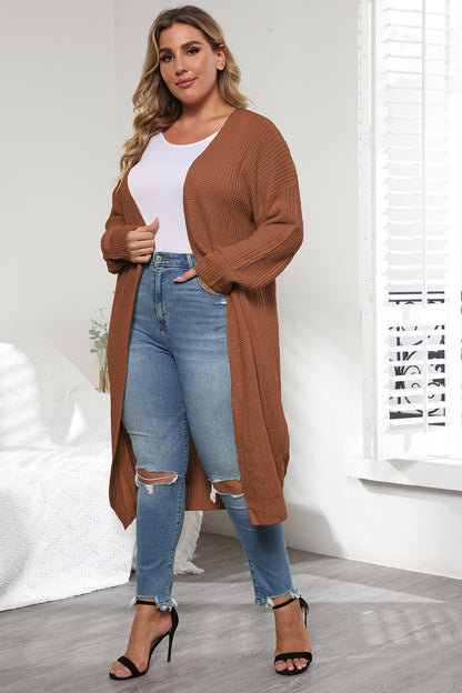 Plus Size Open Front Long Sleeve Cardigan - Caramel -