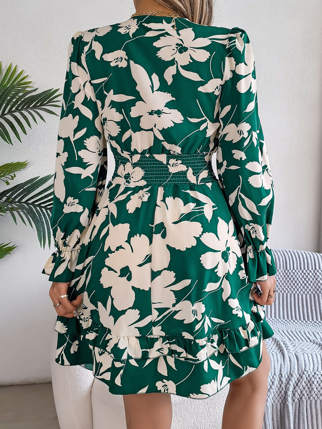 Tied Ruffled Printed Long Sleeve Dress - -