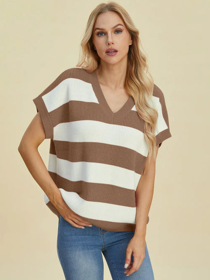 Double Take Full Size Striped V-Neck Short Sleeve Sweater - -