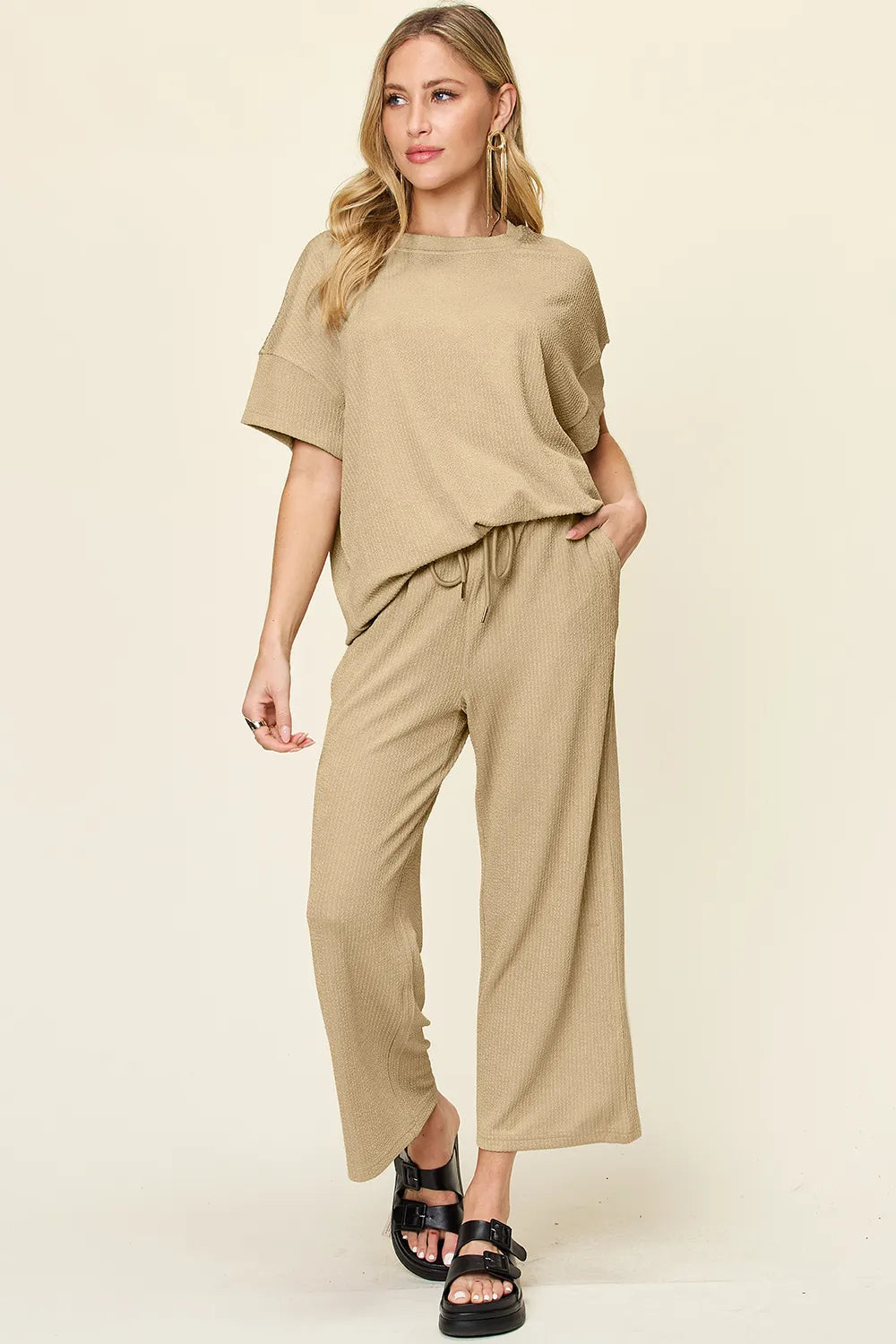 Double Take Full Size Texture Round Neck Short Sleeve T-Shirt and Wide Leg Pants - Khaki -