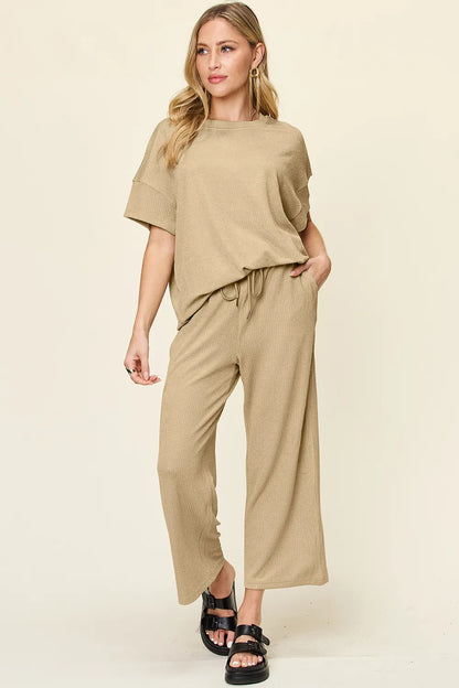 Double Take Full Size Texture Round Neck Short Sleeve T-Shirt and Wide Leg Pants - Khaki -