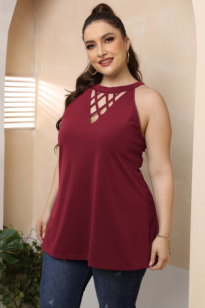 Plus Size Halter Neck Cutout Sleeveless Dress - -