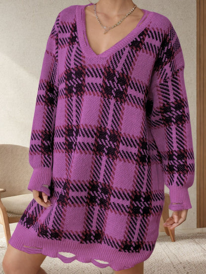 Distressed Plaid V-Neck Long Sleeve Sweater Dress - Red-Violet One Size -